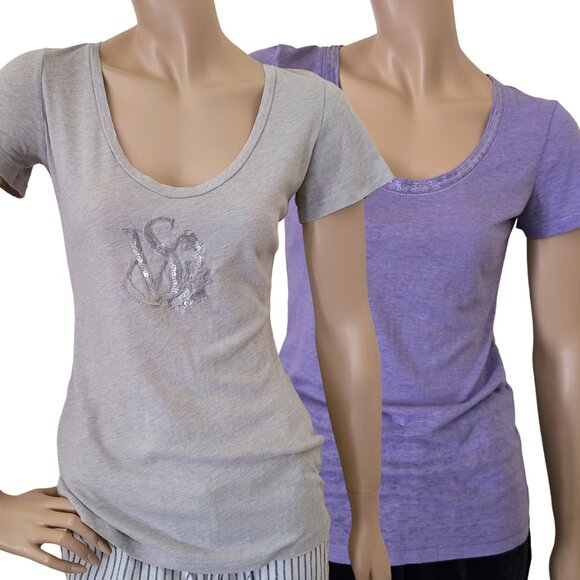 Victoria's Secret Short Sleeve Sequin T-Shirts SZ M Gray & Purple - Picture 1 of 16